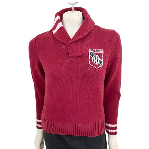 VTG TOMMY HILFIGER Crest Patch Collegiate Sweater in Red  Y2K  SZ XS - Picture 2 of 12